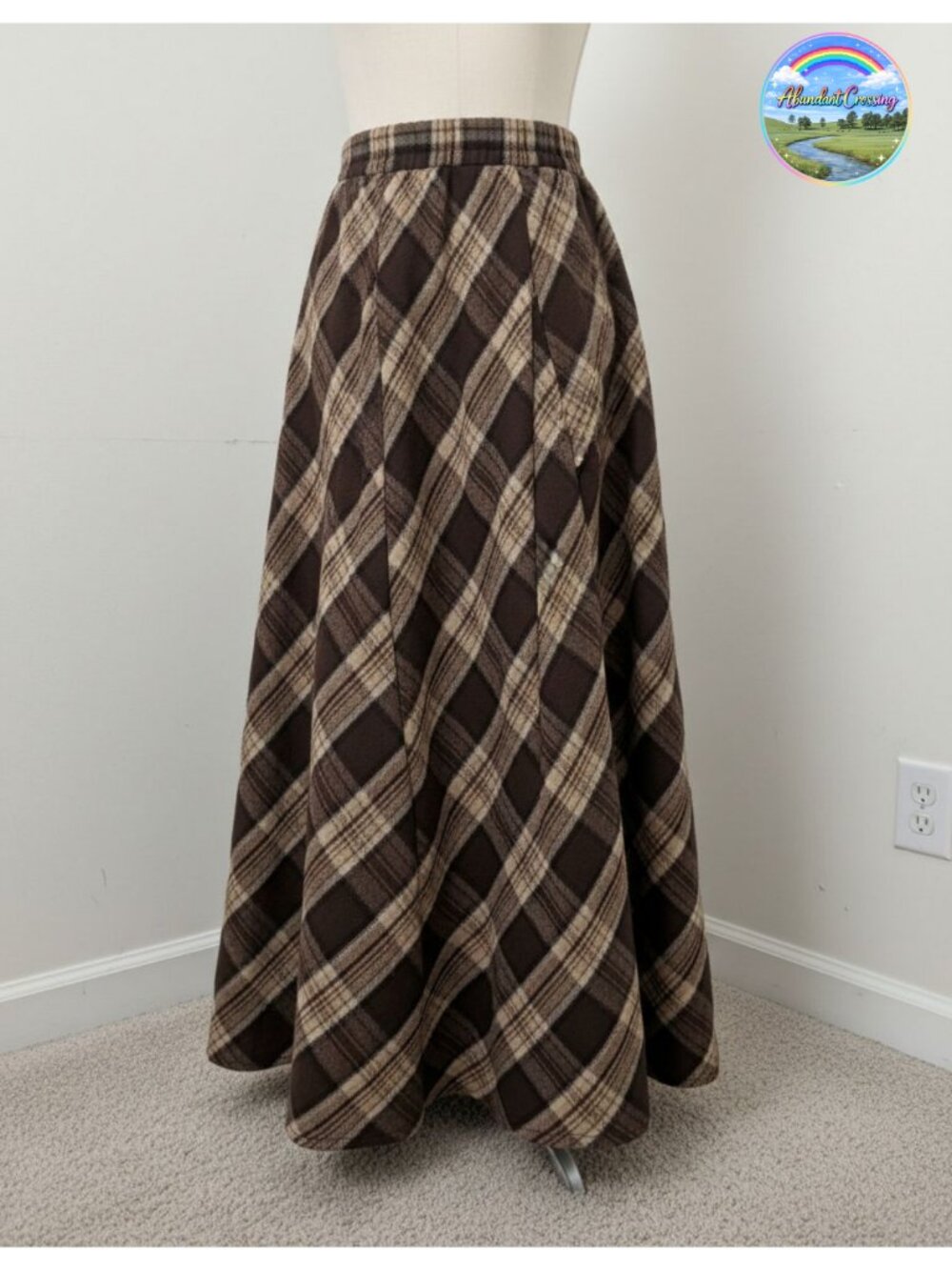 Plaid A-Line Maxi Skirt High Waist Godet Hem Side Pockets